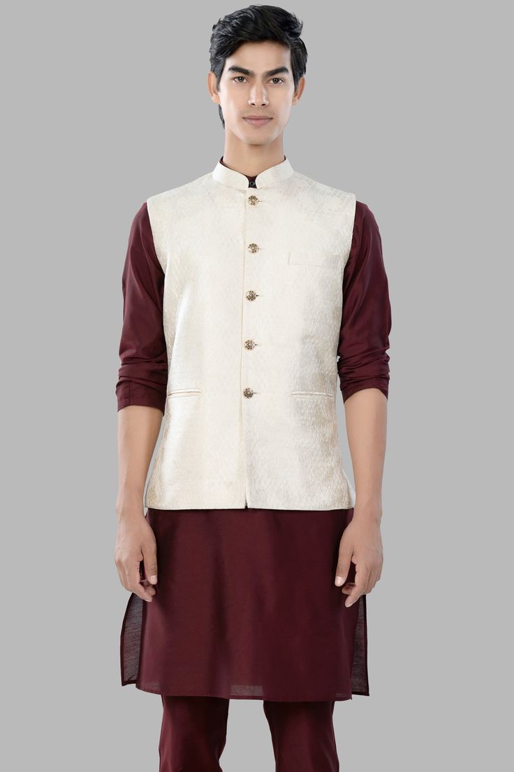 Dress to impress with our Wine Berry Kurta Set paired seamlessly with the Albescent Cream Trellis Jacquard Textured Designer Nehru Jacket. The rich Wine Berry hue of the kurta beautifully contrasts the intricate trellis-patterned jacquard texture on the cream jacket, creating a harmonious and elegant ensemble. This combination effortlessly blends tradition and modern sophistication, making it perfect for a variety of special occasions and celebrations. Nehru Jacket In addition to being construct Designer Kurta, Cream Jacket, Nehru Jacket, Nehru Jackets, Buy Wine, Jacket For Men, Kurta Set, Jacket Sale, Mandarin Collar