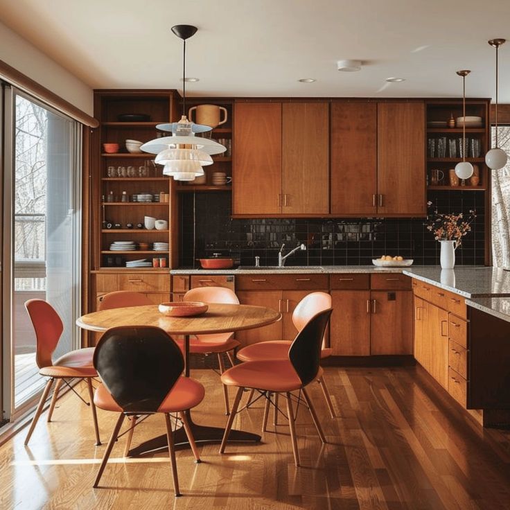 Mid-century modern kitchen with classic hardwood floors in oak, walnut, or teak for natural warmth and timeless elegance2 Mid Century Modern Kitchen Design, Midcentury Kitchen, 70s Interior Design, Mid Century Interior Design, Mcm Kitchen, Modern Kitchen Ideas, 70s Interior, Mid Century Interior, Kitchen Magic