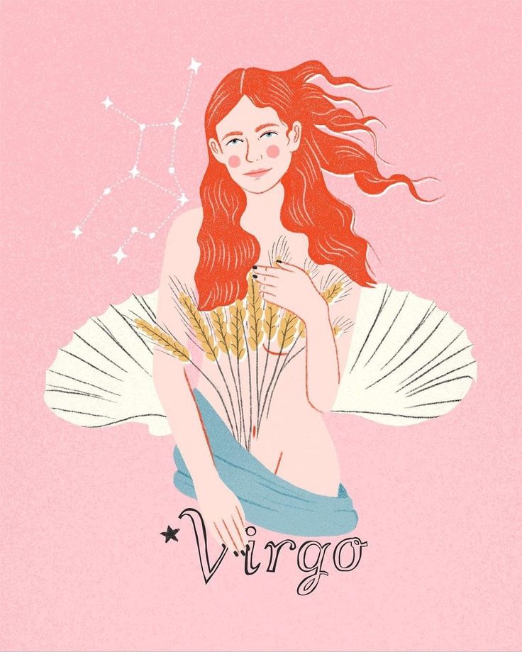 a drawing of a woman with long red hair holding wheat stalks in her hands and the word virgo written on it