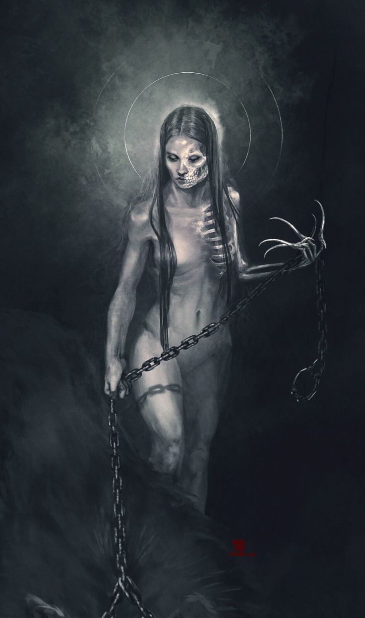 a woman with long hair is chained to chains