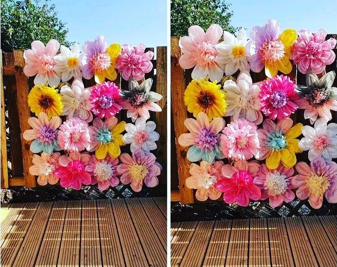 two pictures of flowers on the side of a wooden fence, one is pink and yellow