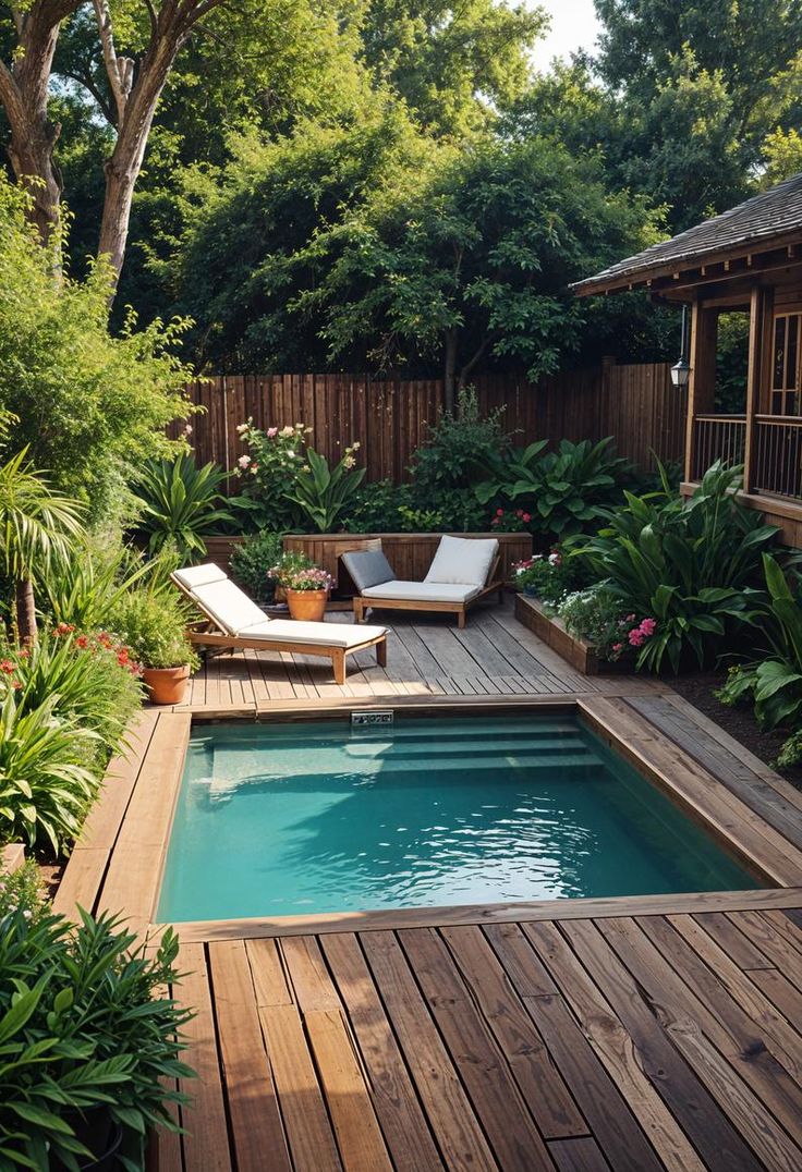 a small pool surrounded by greenery and wooden decking