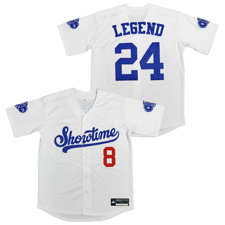 Showtime Legend #8 #24 Baseball Jersey White College Jersey With Letter Print, College White Jersey With Letter Print, White Baseball Jersey With Team Logo For College, White College Baseball Jersey With Team Logo, White Varsity Baseball Jersey With Team Name, White Baseball Jersey With Team Name For College, College Team Spirit White Baseball Jersey, White College Baseball Jersey With Team Name, Varsity Baseball Jersey With Team Logo