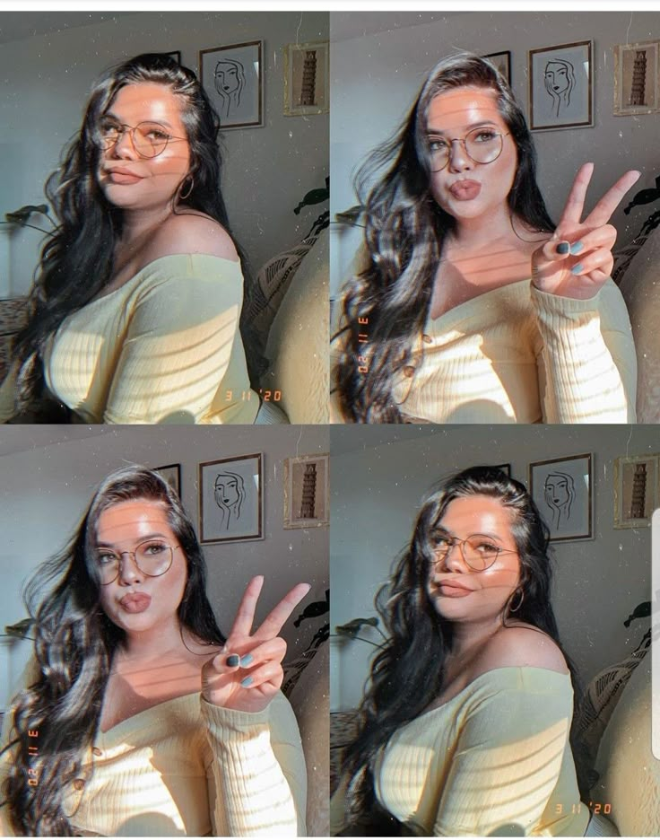 four pictures of a woman with glasses making the peace sign