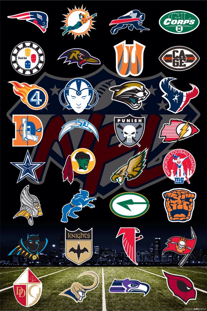 the nfl logo is displayed on a football field with many different teams and logos around it