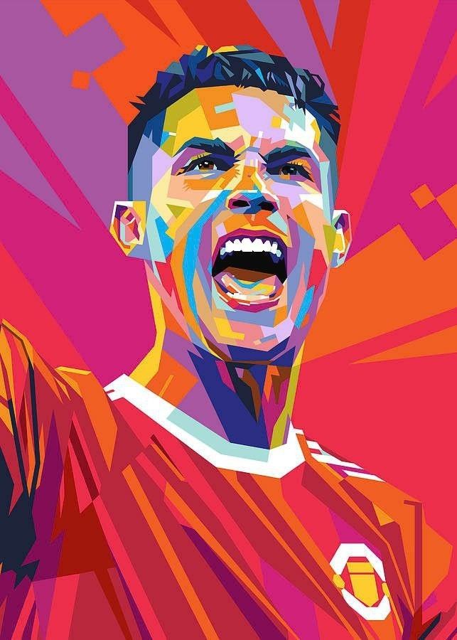 a digital painting of a soccer player with his mouth open and tongue out, in front of an abstract background