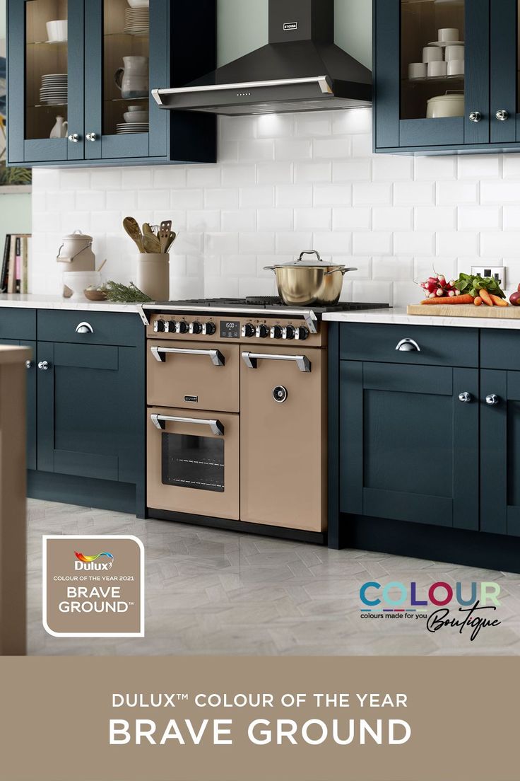 an image of a kitchen setting with grey cabinets and white tile flooring on the walls