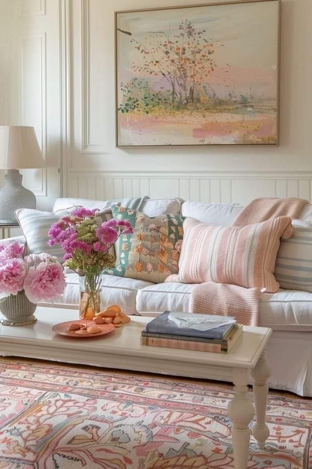 a living room filled with lots of furniture and flowers on top of a coffee table