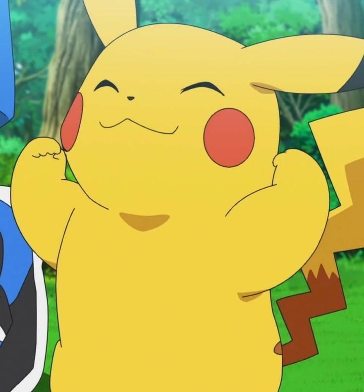 pikachu and eevee standing next to each other in front of trees