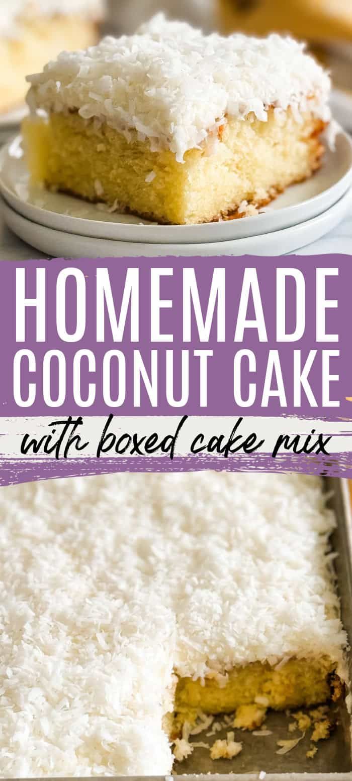 homemade coconut cake with boxed cake mix on a plate and in the background, there is a piece missing