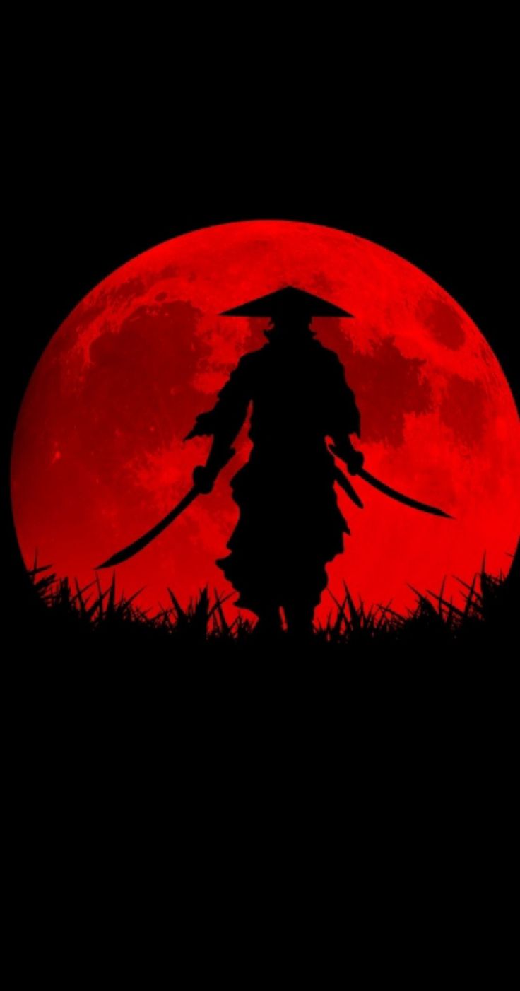 the silhouette of a person holding two swords in front of a red moon with grass