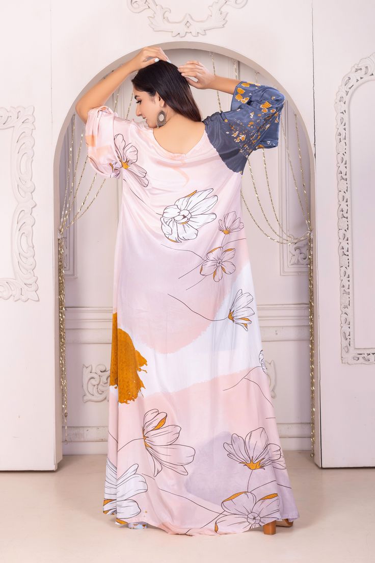 "Elevate your wardrobe with our luxurious flower print long silk dress for women. Featuring a stunning floral design on flowing silk fabric, this dress embodies elegance and grace. Perfect for formal events or a sophisticated evening out, it promises to make a statement wherever you go." FABRIC :- 100% Silk (NON SHEER)Size :-(Small To 4XL)• Regular Dress Length 60” from shoulder to hemCARE• Hand washing recommended• Gentle machine washSHIPPING• World wide express shipping via DHL express / Fedex Priority Silk Maxi Dress With Floral Print, Floral Print Silk Maxi Dress, Satin Maxi Dress For Garden Party, Elegant Floral Chiffon Gown, Elegant Chiffon Gown With Floral Print, Spring Silk Gown For Evening, Spring Evening Silk Gown, Silk Maxi Dress For Garden Party, Spring Silk Evening Gown