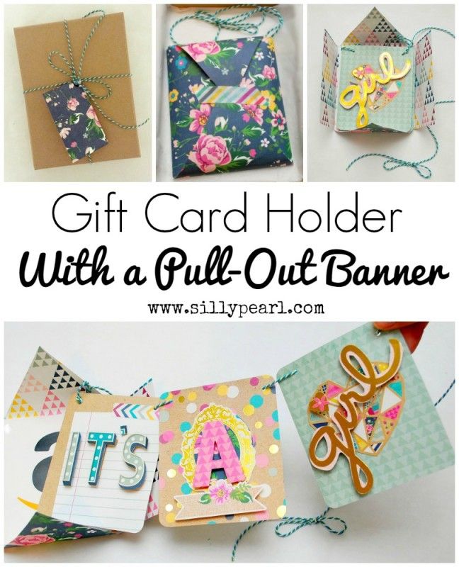 the gift card holder with a pull - out banner is shown in four different pictures