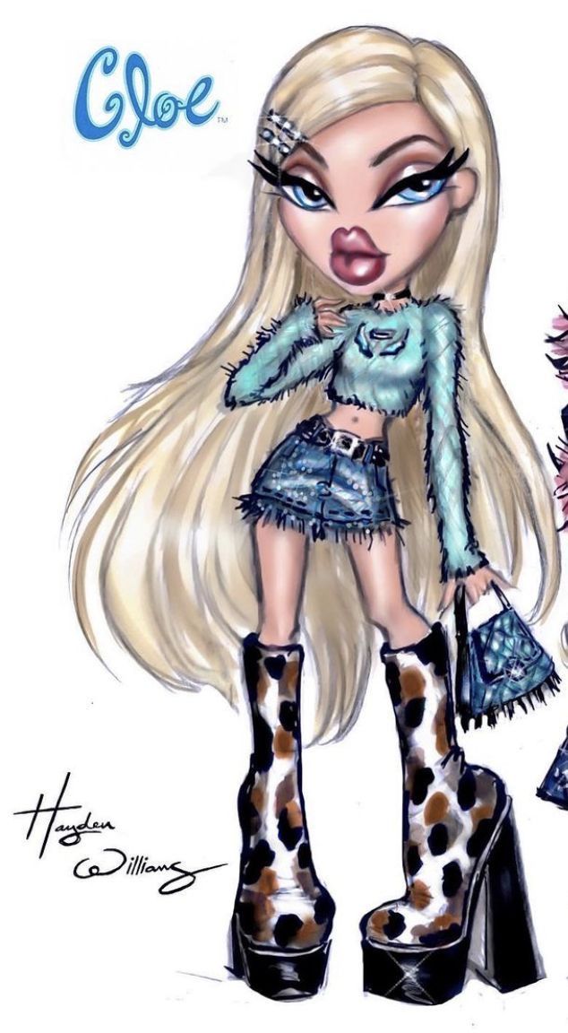 a drawing of a girl with long blonde hair wearing high heel boots and holding a purse