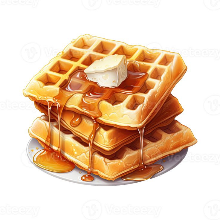 three waffles on a plate with syrup and butter dripping down the top one