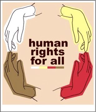 a poster with the words human rights for all written in different colors and hands pointing at each other