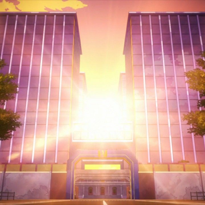 an anime scene with two tall buildings and the sun in the sky behind them,