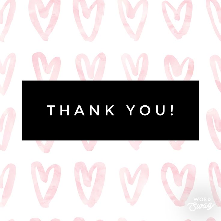 the words thank you are written in black and pink watercolor hearts on a white background