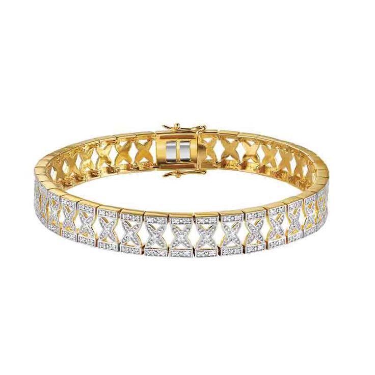 Classic…Elegant…Romantic…Dazzling! Two of the world’s most iconic symbols of love – the diamond and the “X” kisses – are paired to create an incomparably romantic treasure.This 14kt gold-plated sterling silver bracelet encircles the wrist with an endless array of sparkling “X” kisses.Each “kiss” is lavished with fiery diamonds, totaling a magnificent 70 in all! Luxuriously presented within our signature box – included at no additional charge. Glamorous Diamond Bracelet With Accents For Formal Events, Luxury Diamond White Diamond Bracelet For Anniversary, Luxury Diamond White Bracelet For Anniversary, Elegant Diamond White Gold Jubilee Bracelet, Dazzling Diamond Bracelet With 17 Jewels For Anniversary, Elegant Gold Bracelet With Brilliant Cut Diamonds, Elegant Diamond White Gold Bracelet With 17 Jewels, Glamorous Formal Diamond Bracelet With Accents, Luxury Diamond Bracelet With Elegant Design For Formal Occasions