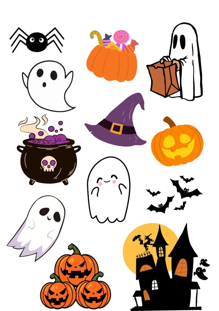 halloween cliparts with pumpkins, ghost and other items for decoration on a white background