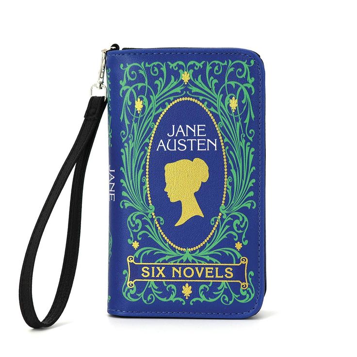 a blue wallet with the name jane austen on it