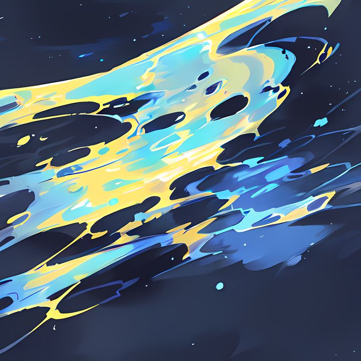 an abstract painting with blue and yellow streaks on the water's surface, as if it were liquid or ink