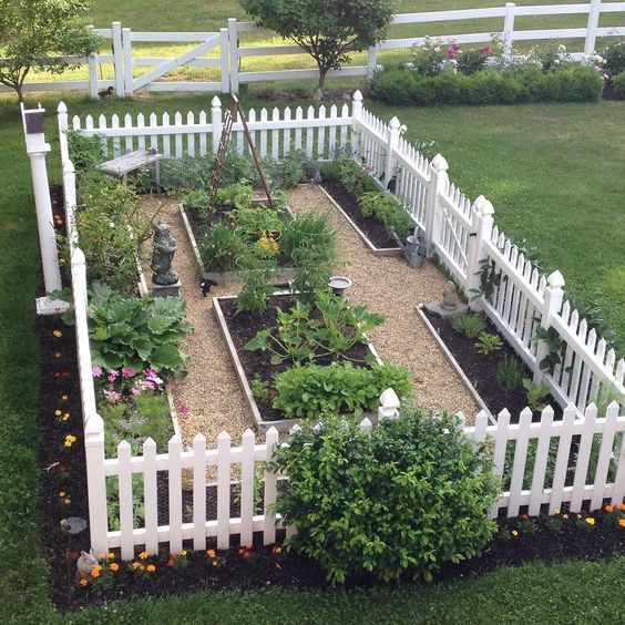 small garden ideas vegetable raised beds in the middle of a yard with white picket fence