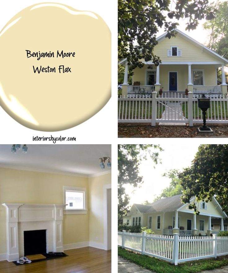 three different pictures of a house with white trim and yellow paint on the front, side, and top