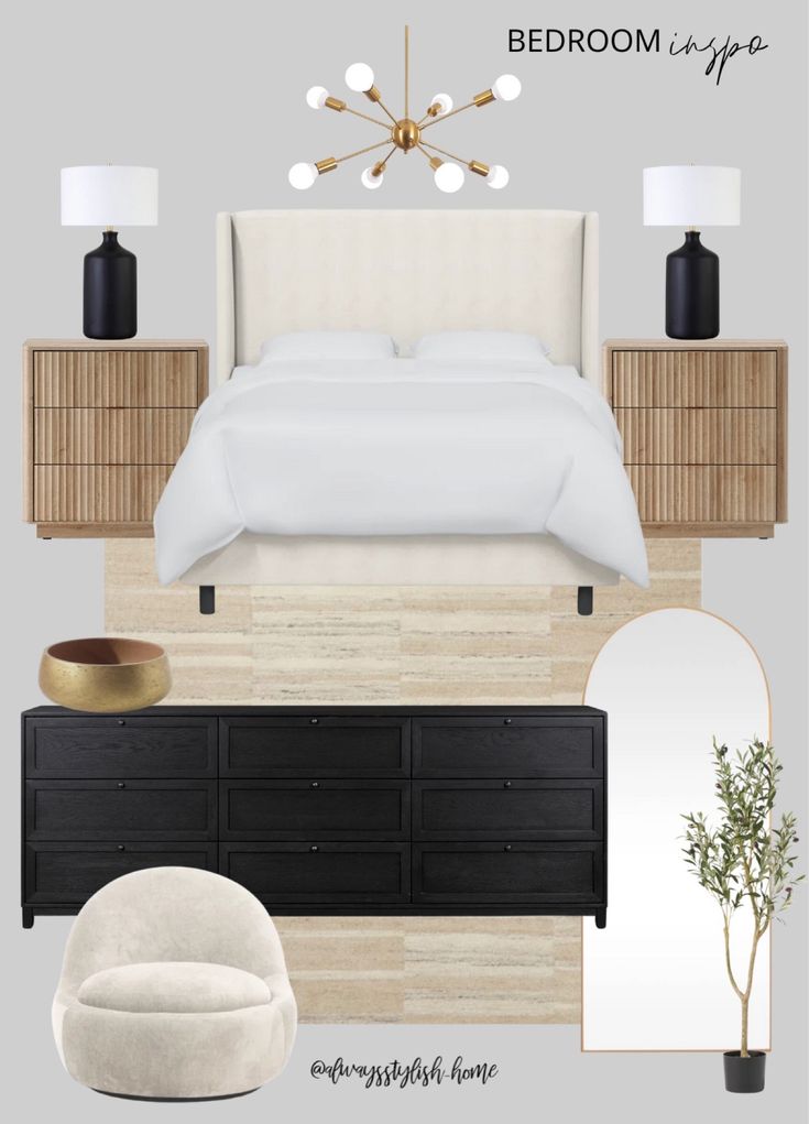 a bedroom design board with furniture and accessories