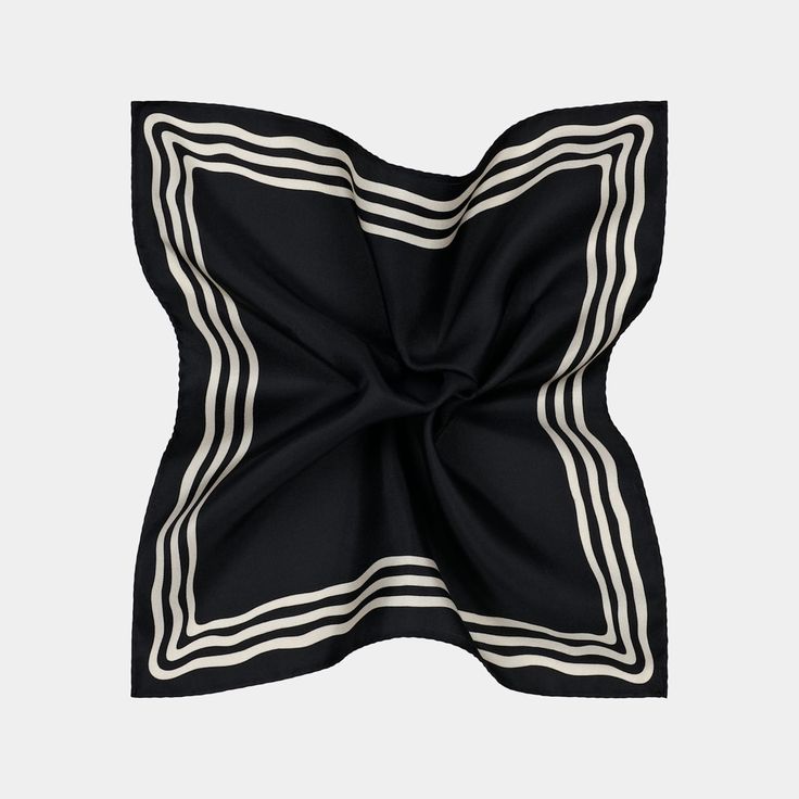 This navy handkerchief, crafted from luxurious silk, features a sophisticated wavy border design. It's an elegant accessory to enhance the refinement of any suit ensemble. Luxury Square Silk Scarf For Formal Occasions, Luxury Square Silk Scarf For Formal Events, Elegant Black Pocket Square For Business, Classic Square Silk Scarf, Elegant Formal Pocket Square, Elegant Black Pocket Square For Formal Occasions, Chic Square Silk Scarf For Formal Occasions, Formal Chic Square Silk Scarf, Chic Formal Square Silk Scarf