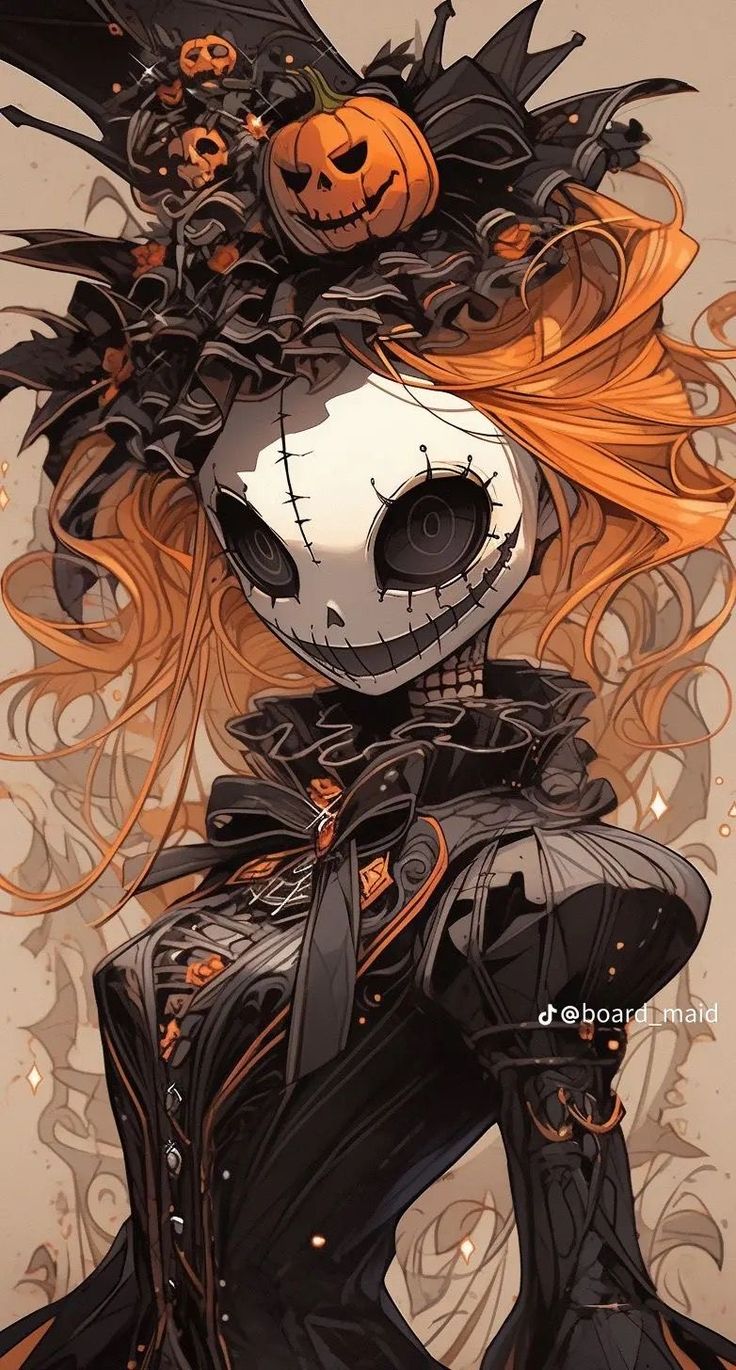 a drawing of a girl with orange hair and pumpkins on her head, dressed as a skeleton