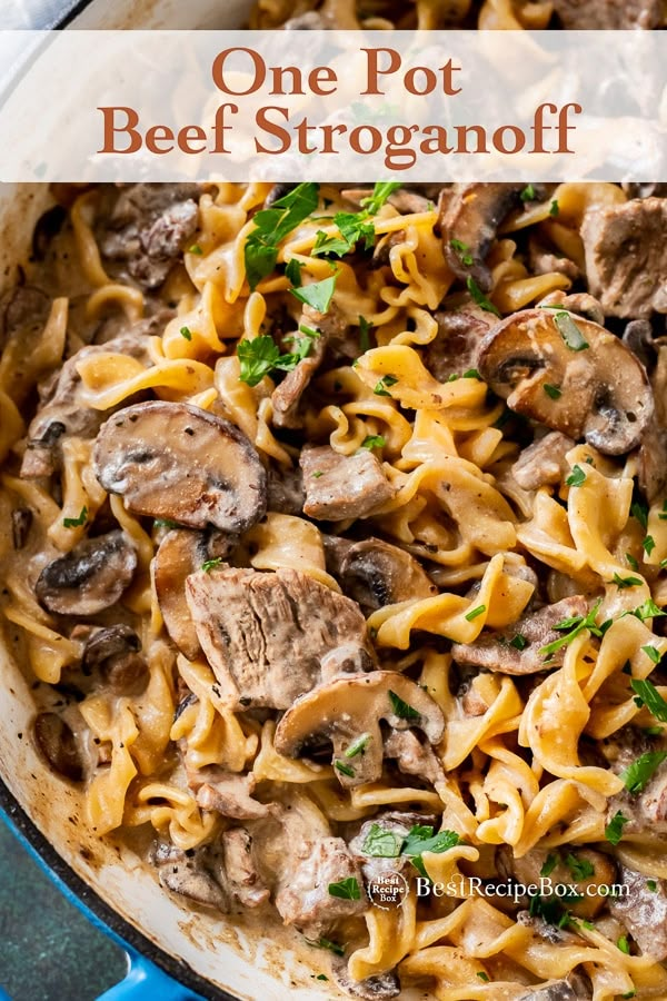 one pot beef stroganoni in a blue skillet