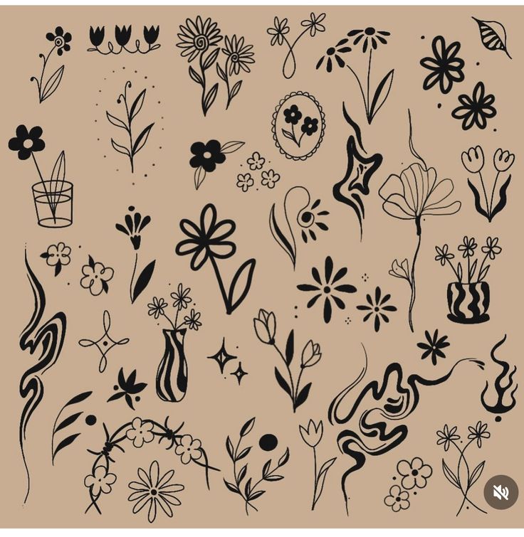 an assortment of flowers and plants drawn in black ink on a beige background with the words,