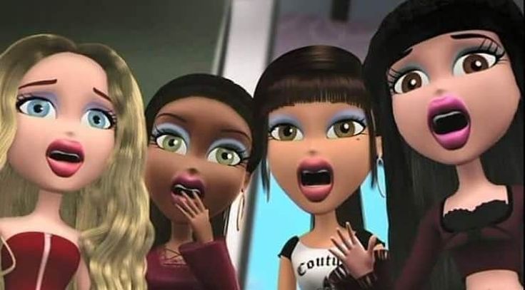 three animated women are standing in front of a mirror and one is holding her mouth open