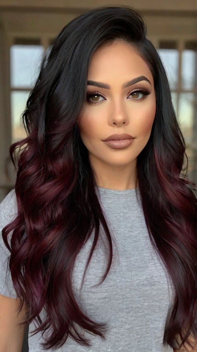 Deluxe Fall Hair Shades: Dark Mahogany Ombre 🍂 Hair Color Mahogany Brown, Deep Red Burgundy Hair Color, Red High Light Hair Dark Brown, Brunette Red Ombre Hair, Dark Cherry Ombre Hair, Burgundy Shades Eq Formula, Ombre Brown To Red Hair, Burgundy Balayage On Brown Hair, Black And Wine Hair