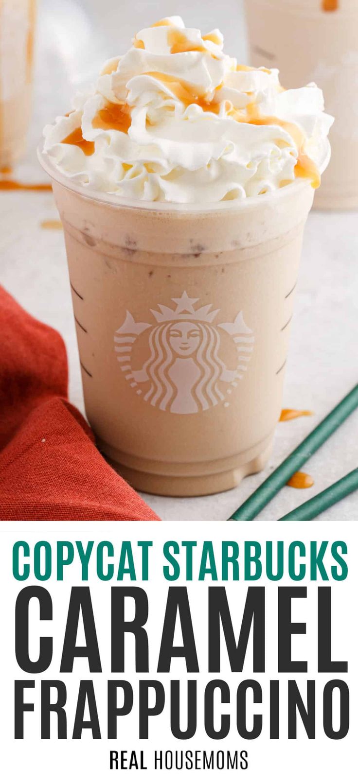 starbucks caramel frappuccino drink with whipped cream on top and the words copycat starbucks's caramel frappuccino