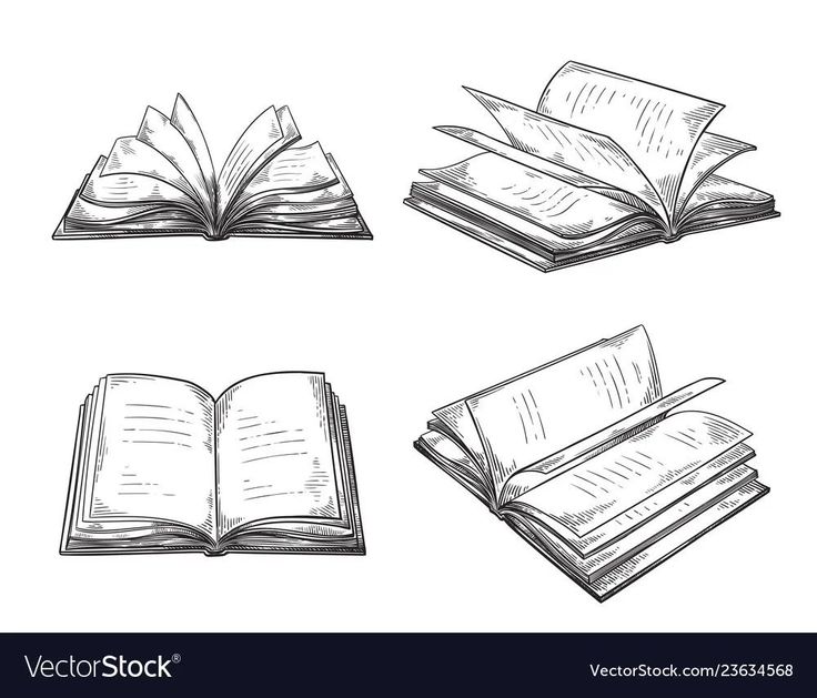 an open book and two opened books on a white background with black lines, hand drawn