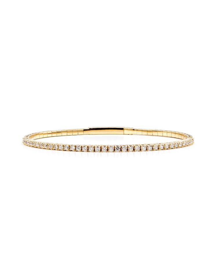 Our half bangle reiterated in 1 carat of diamonds, this bracelet features a uniquely flexible design due to a titanium wire woven within the links. Carat | 1 ctw (+/- .01cts)Clarity | SIColor | DEFCut | Round BrilliantGold | 14 karat Note: In-stock products ship same-day or next-day depending on the time of your order. For made-to-order items please allow up to 1-3 weeks to ship your newest piece of fine jewelry. Diamond Chain Bangle Bracelet With Single Cut Diamonds, Classic Adjustable Diamond Cuff Bracelet, Classic Diamond Cuff Bracelet, Classic Jewelry With Flexible Cubic Zirconia, Classic Flexible Jewelry With Cubic Zirconia, Classic Flexible Cubic Zirconia Diamond Bracelet, Classic Flexible Jewelry In Cubic Zirconia, Timeless Flexible Yellow Gold Diamond Bracelet, Dazzling Single Cut Diamond Bangle Bracelet