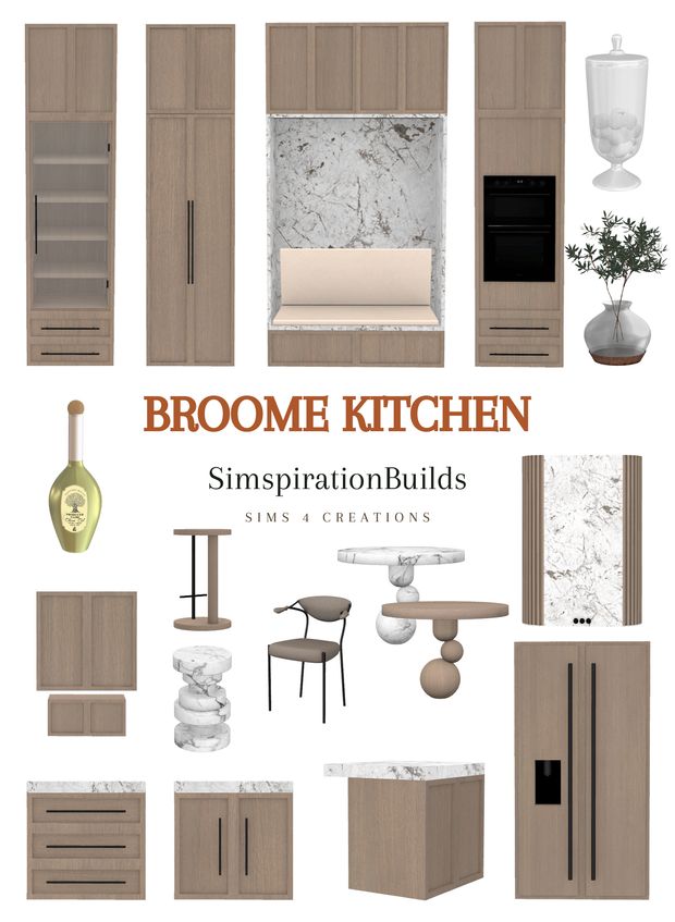 an assortment of kitchen furniture including cabinets, tables and stools with the words broome kitchen