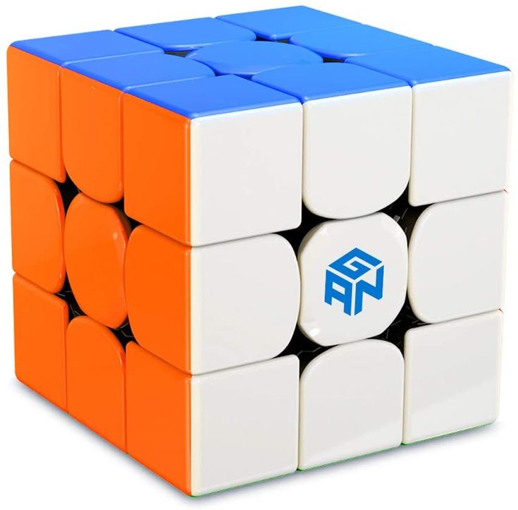 an orange and white cube with blue letters on it