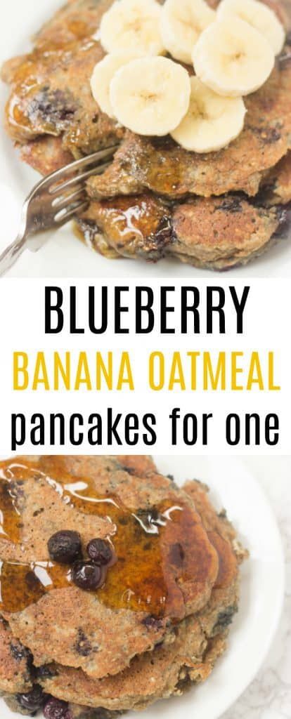 blueberry banana oatmeal pancakes for one with syrup and bananas on top