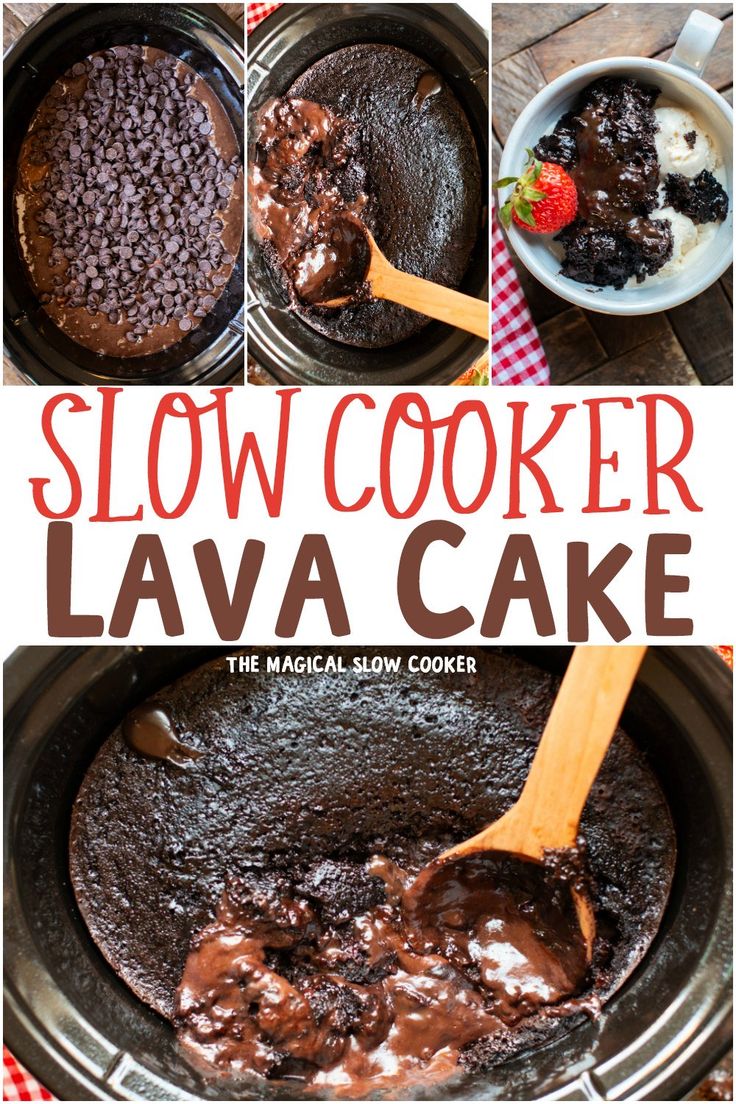 slow cooker lava cake with chocolate sauce and strawberries