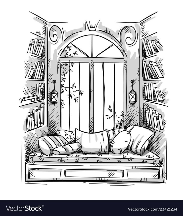 a sketched room with bookshelves and pillows