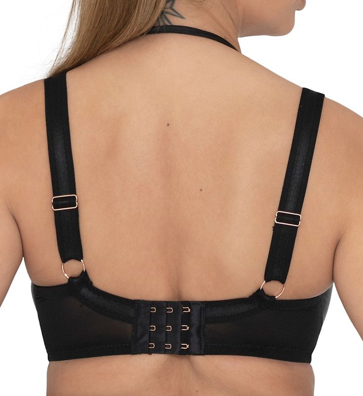 Strap in and show off with this sexy bra style featuring a variety of bands that let you play with its look. Multi-part underwire cup has light padding and vertical seams for a rounded, full, smooth shape. Cup overlay has a leatherette appearance. Sewn-on elastic at front base helps maintain a consistent fit against the body. Strapping harness at front has silky stretch cage bands that frame top of breasts, and have adjustable rose goldtone metal hardware. Harness joins cage bands with a rose go Fitted Push-up Bra With Straps, Elegant Party Bra With Removable Straps, Elegant Black Bra With Removable Straps, Fitted Push-up Bra With Removable Straps, Black Push-up Nursing Bra With Adjustable Straps, Fitted Strappy Bra With Padded Cups, Black Underwire Bra With Adjustable Straps, Fitted Strappy Bra With Removable Pads, Fitted Low-cut Bra With Straps