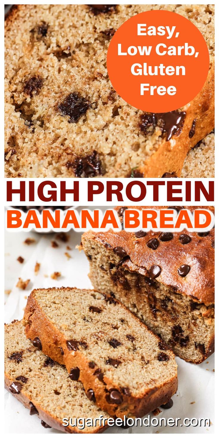 banana bread with chocolate chips on top and the words high protein banana bread above it