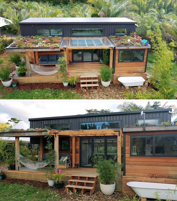 two pictures side by side of a small house with plants growing on the roof and outside