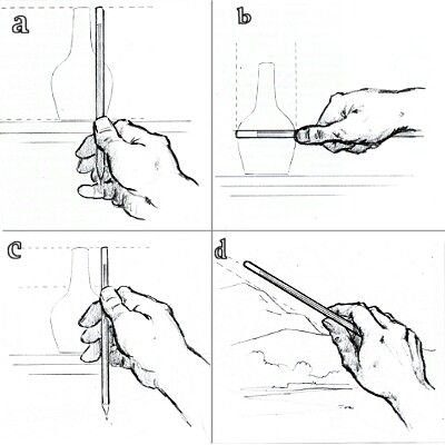 four images showing how to draw hands holding a pencil and writing on a piece of paper