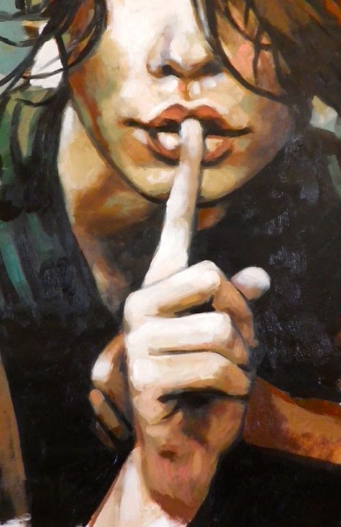 a painting of a person holding a finger to their lips