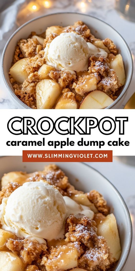 an image of a bowl of crockpot caramel apple dump cake with ice cream