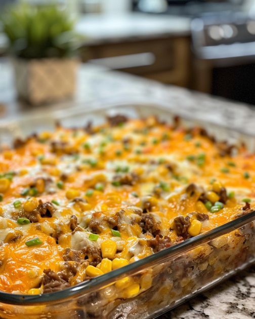 a casserole dish with meat and vegetables in it on a kitchen counter top